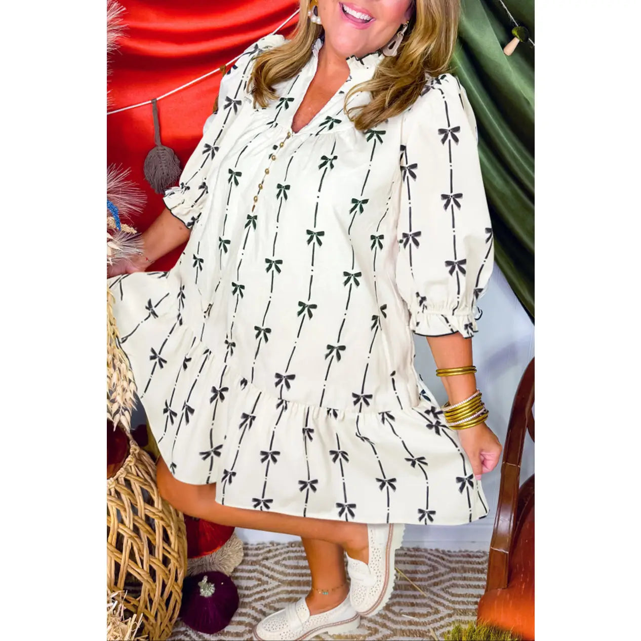 Plus Size Bow Ruffle 3/4 Sleeve Dress