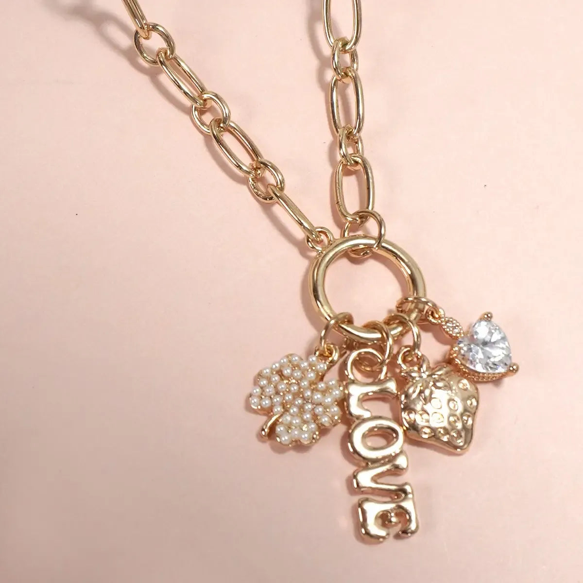 Gold Charm Love & Strawberry Necklace