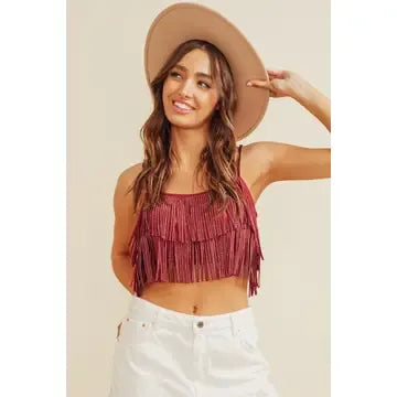 Rhinestone Fringe Crop Top - med - burgendy