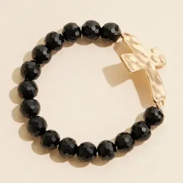 Cross Charm Glass Beaded Stretch Bracelet - black
