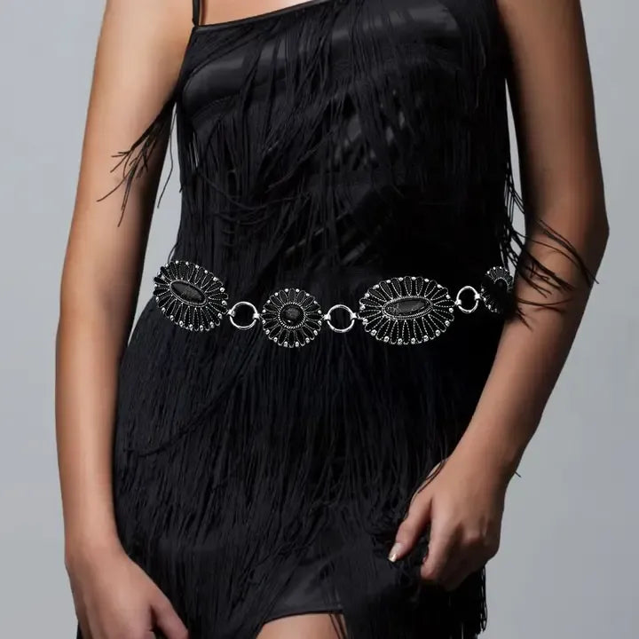 Boho Vintage Western Oval Chain Belt - black