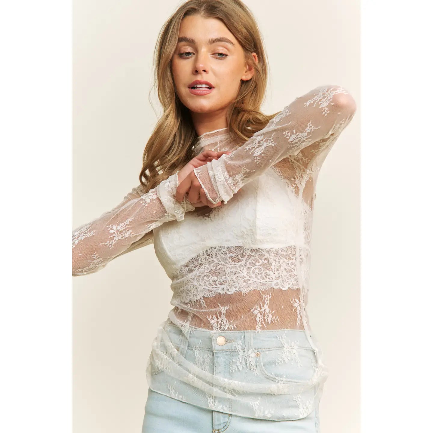 Cream Lace Mesh Long Sleeve Top