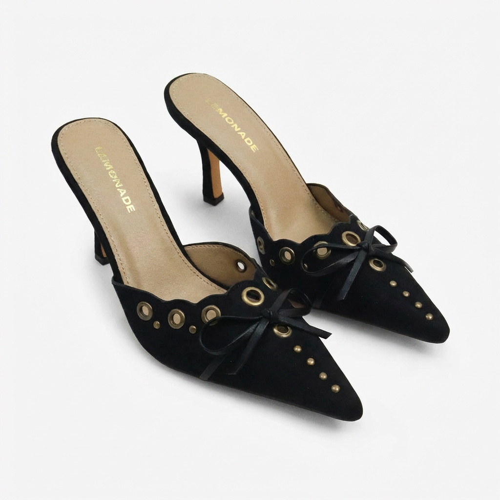 Black Pointed Toe Mule Heel With Bow