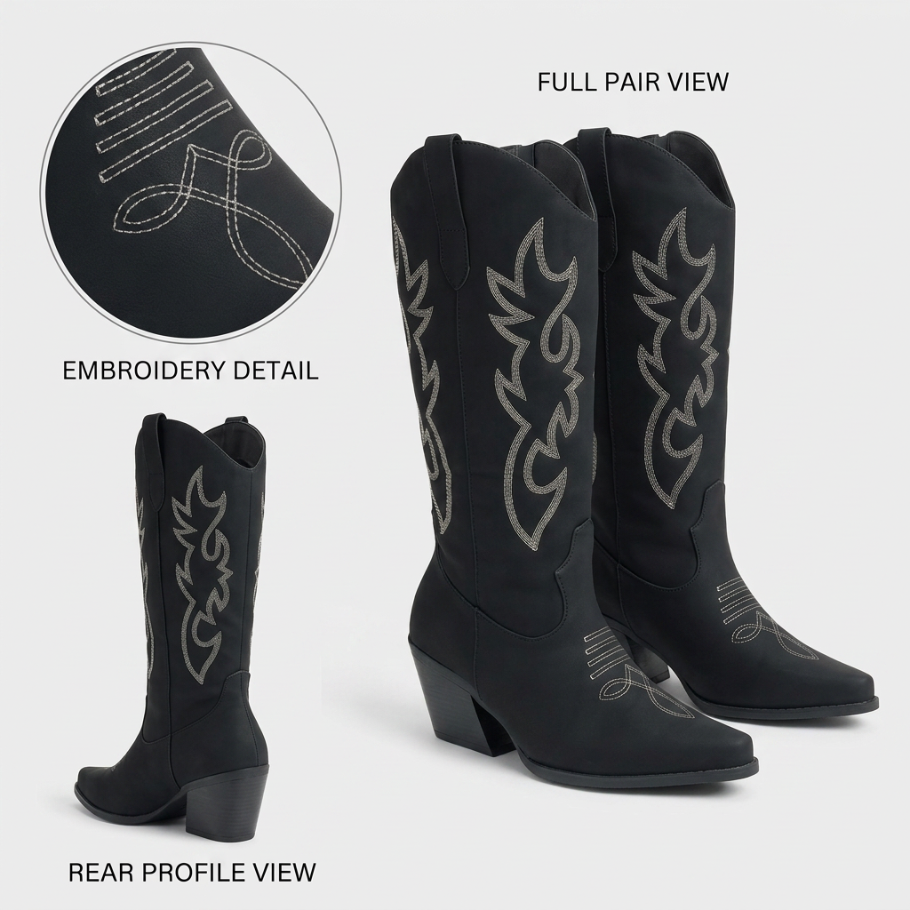 Black Embroidered Cowboy Boots