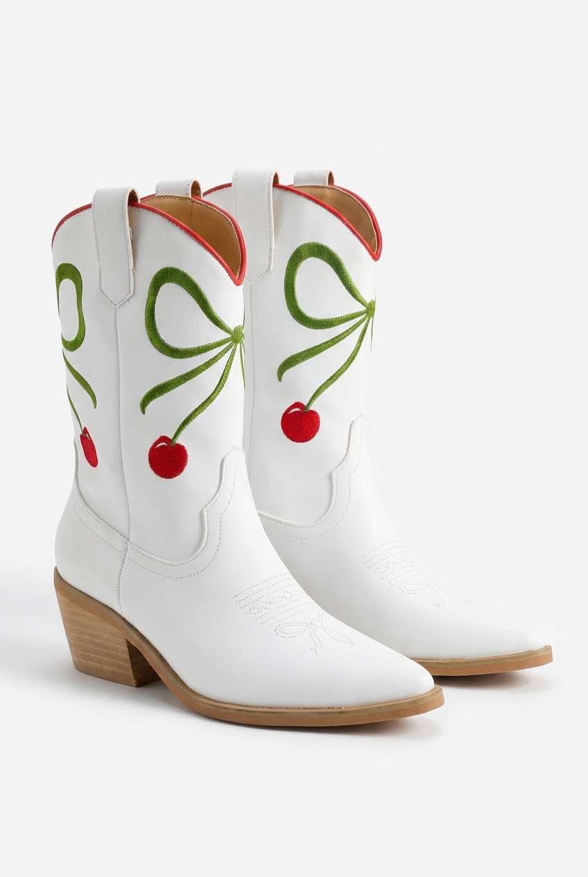 White Booties With Cherry Bow Detail