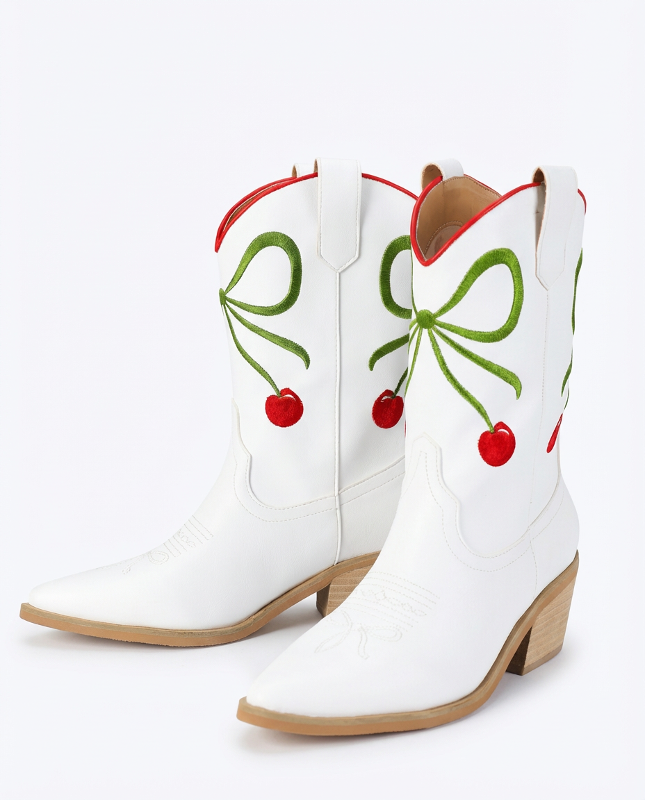 White Booties With Cherry Bow Detail