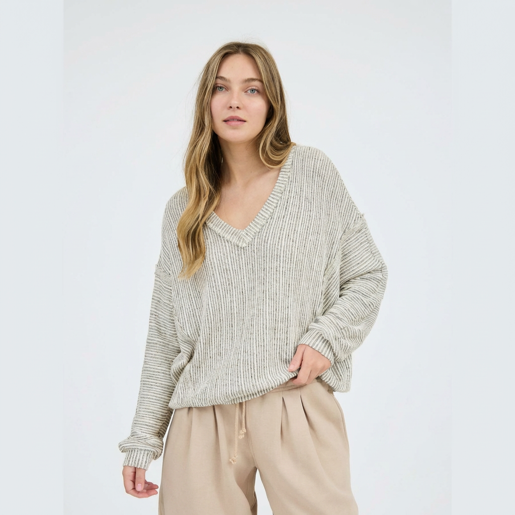 Taupe Striped V Neck Knit Top