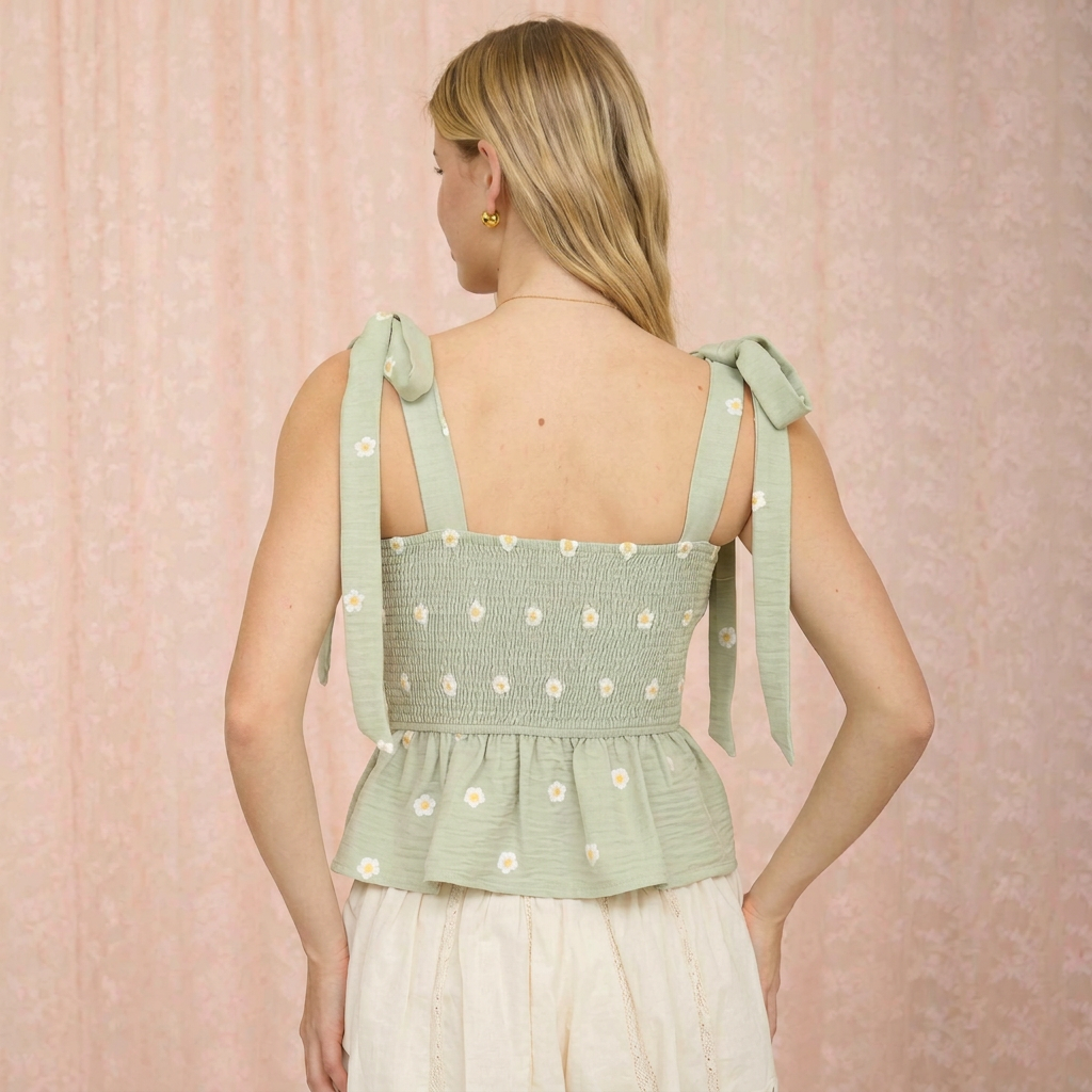 Green Daisy Smocked Tie Strap Tank