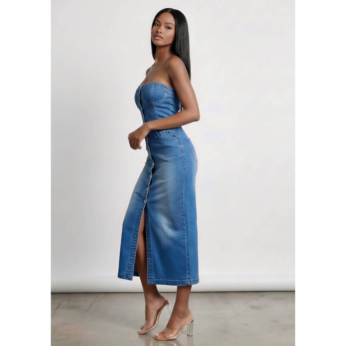 Denim Button Down Strapless Dress