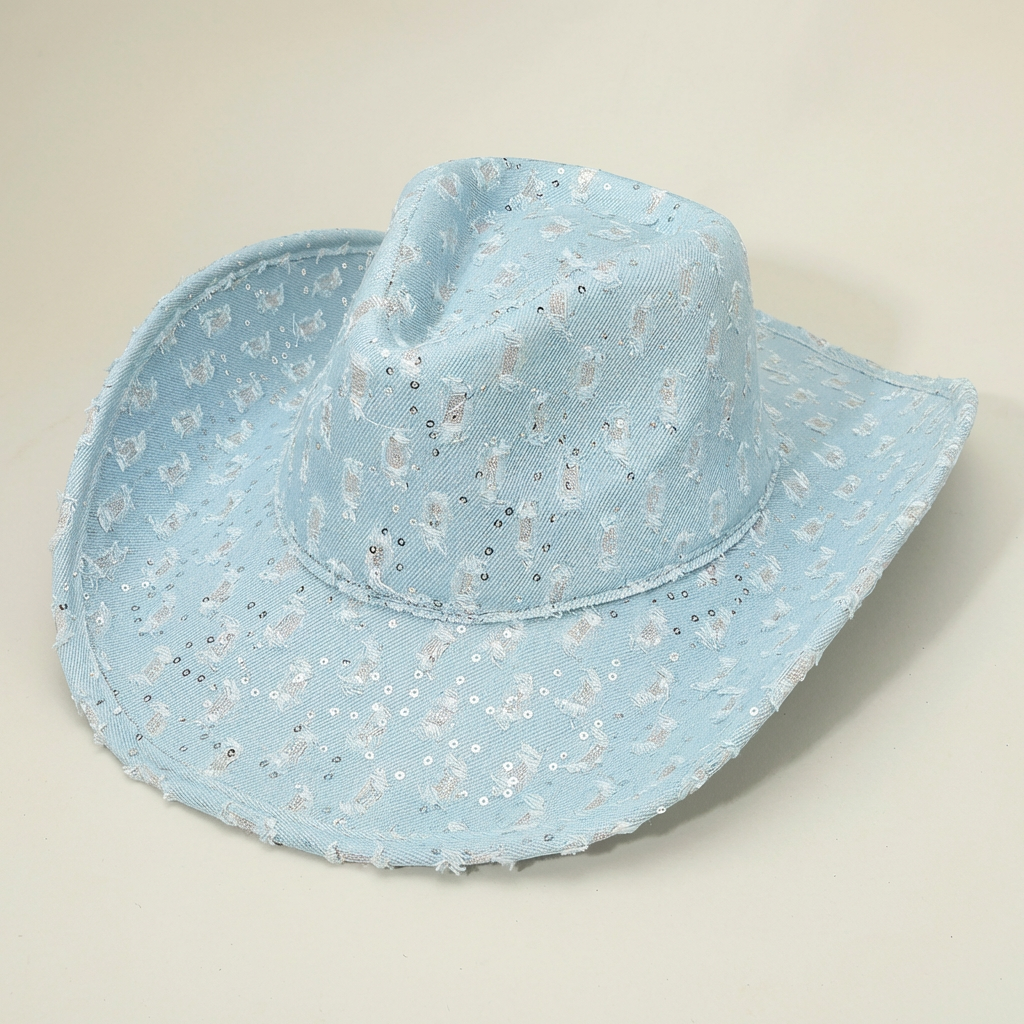 Light Denim Distressed Sequin Cowboy Hat