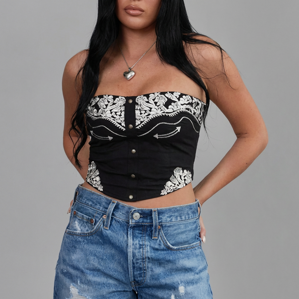 Embroidered Suede Bustier Top