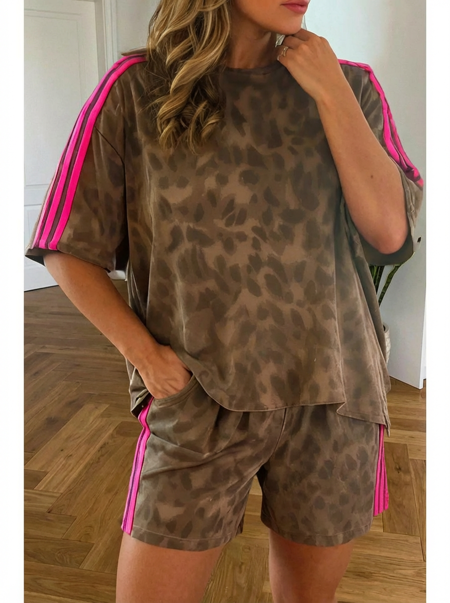 Leopard Pink Stripe Shorts Set