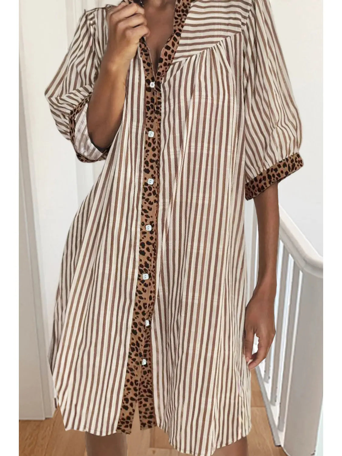 Leopard Stripe Trim Shirt Dress