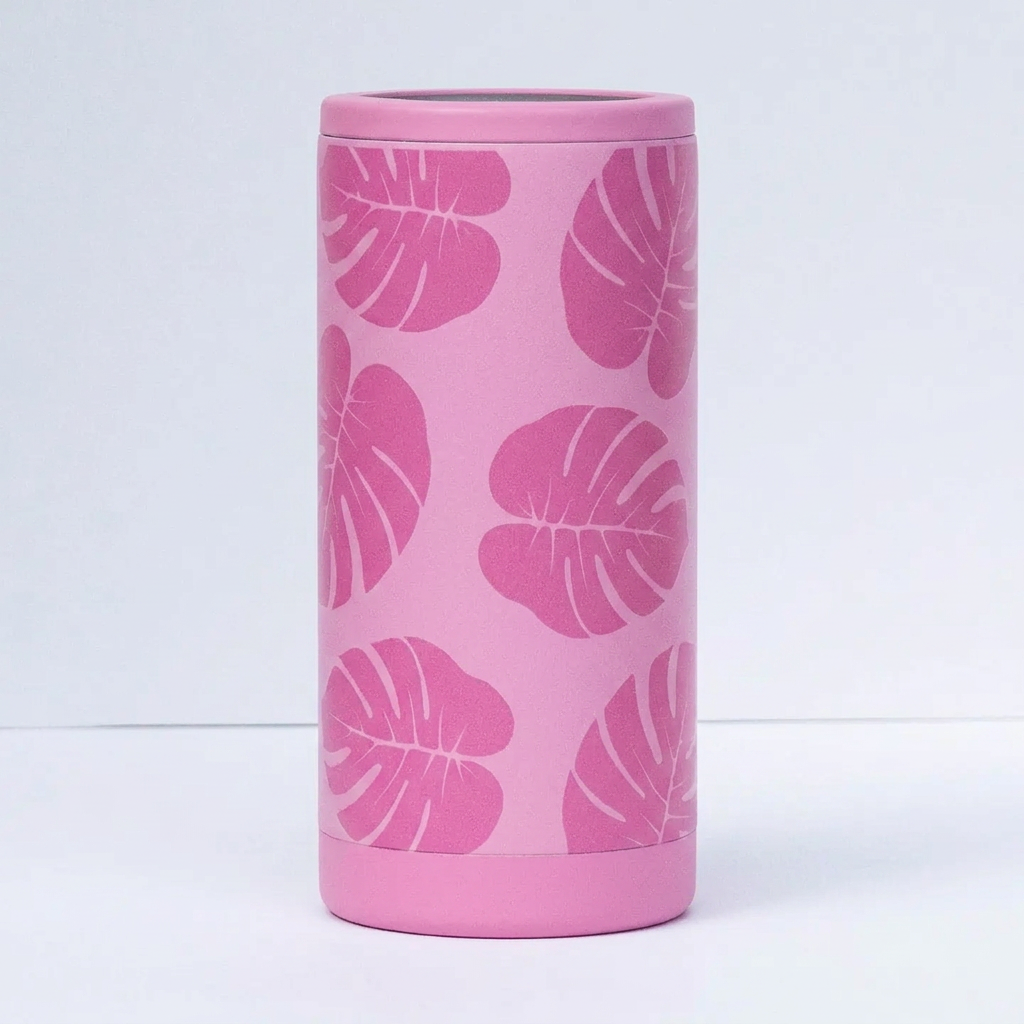 Pink Monstera Leaf Slim Can Coozie