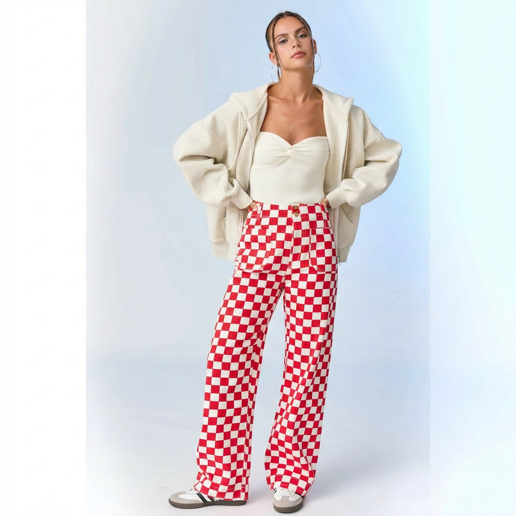 Red Checkered Denim Pants