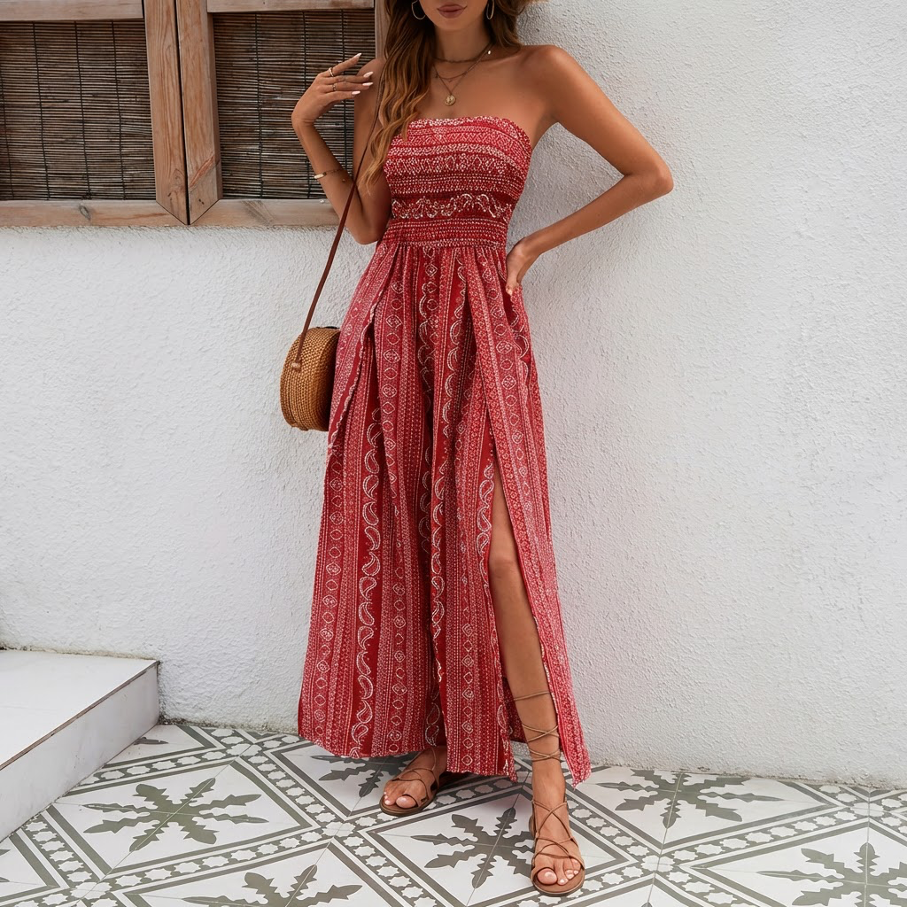 Red Paisley Strapless Wide Leg Jumpsuit