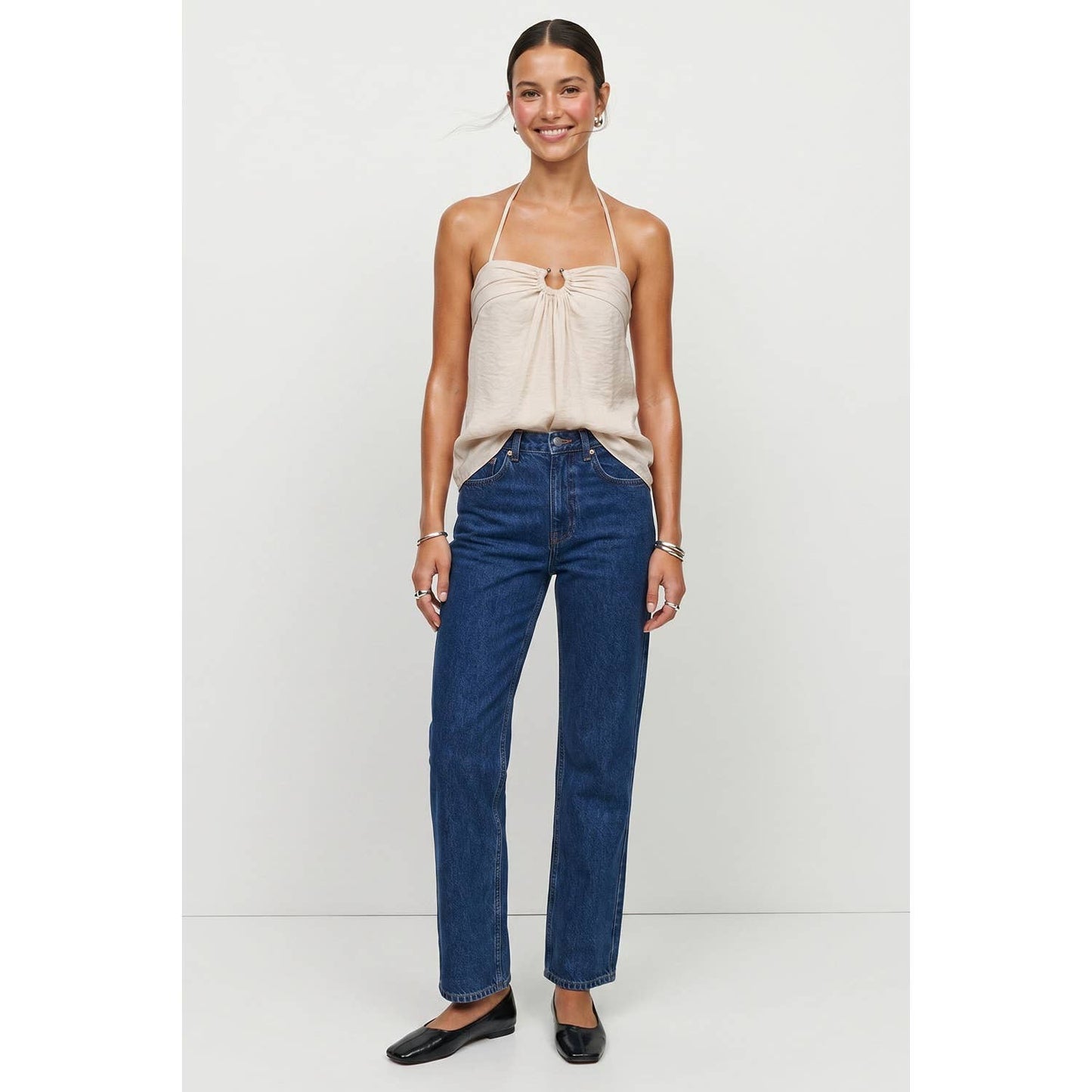 Beige Ruched Ring Halter Top