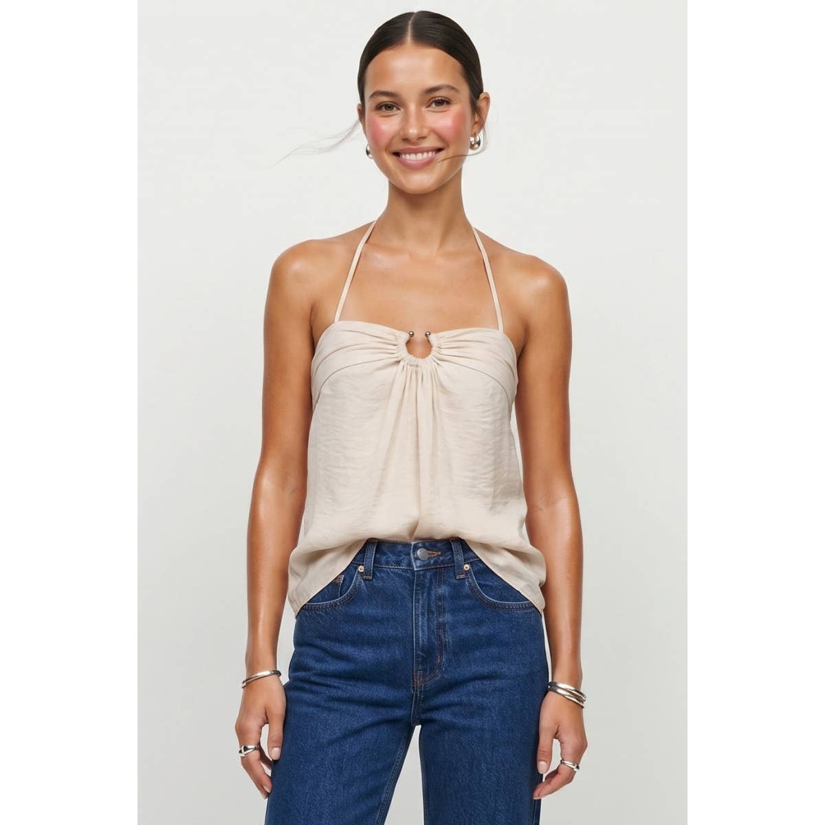 Beige Ruched Ring Halter Top