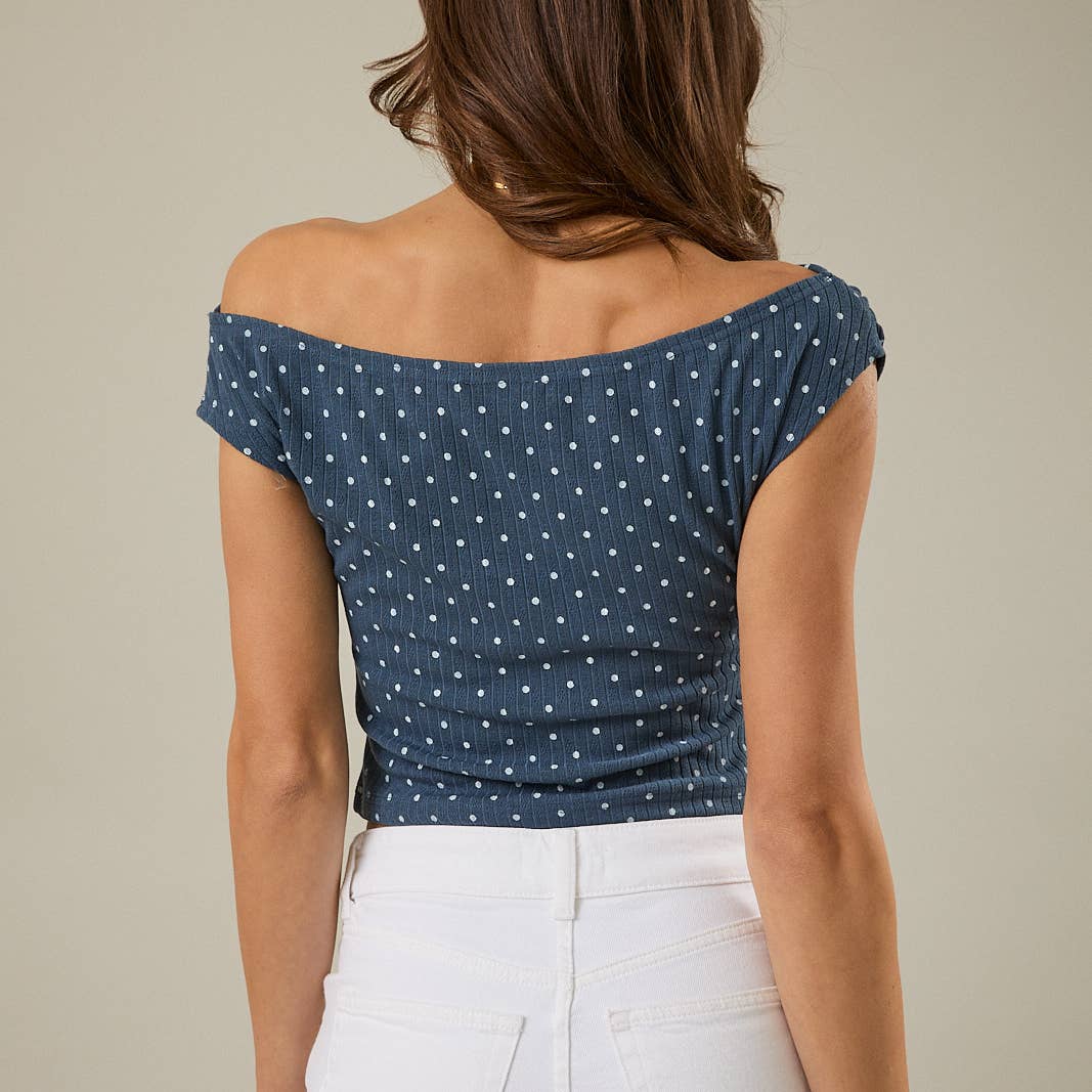 Denim Polka Dot Slouchy Shoulder Top