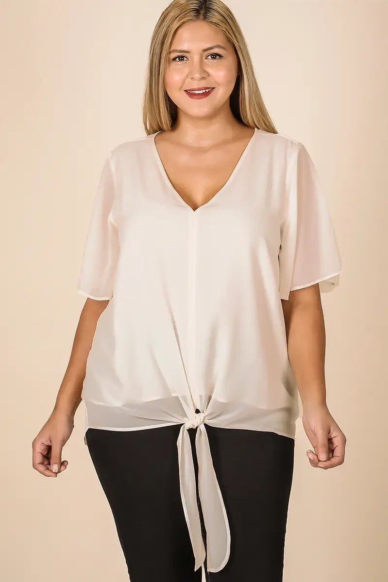 Taupe Chiffon Front Tie Top Plus Size
