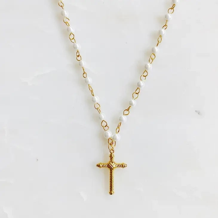 Gold Cabled Pearl Cross Necklace