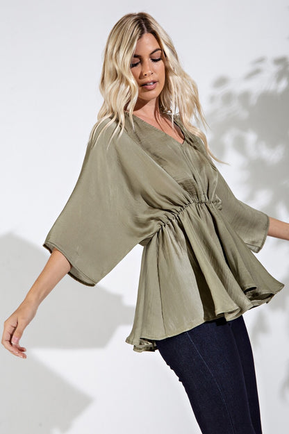 V Neck Kimono Sleeve Blouse - med - olive