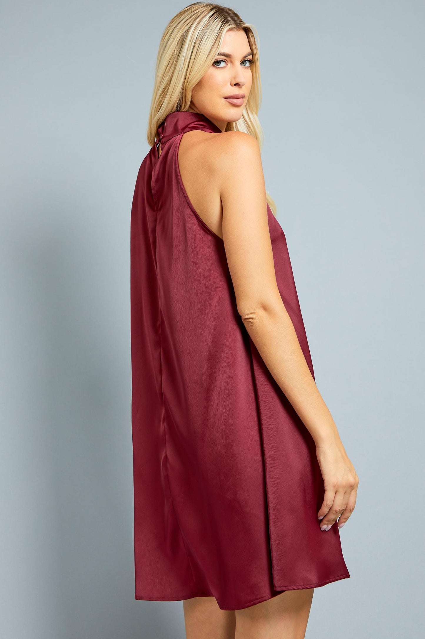 Burgendy Pleated Halter Dress