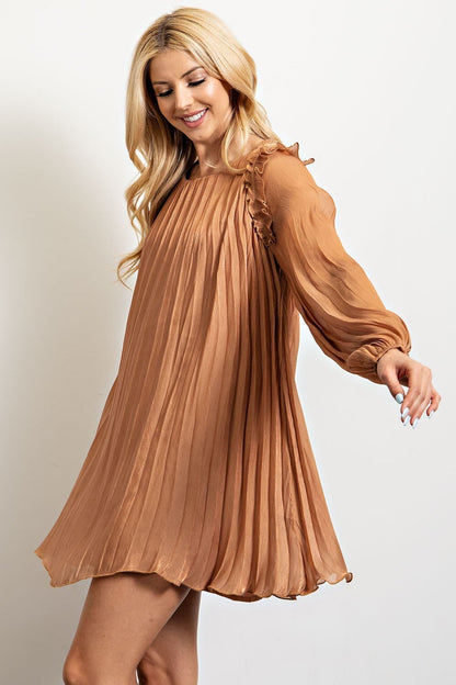 Camel Ruffle Shoulder Shiny Mini Dress