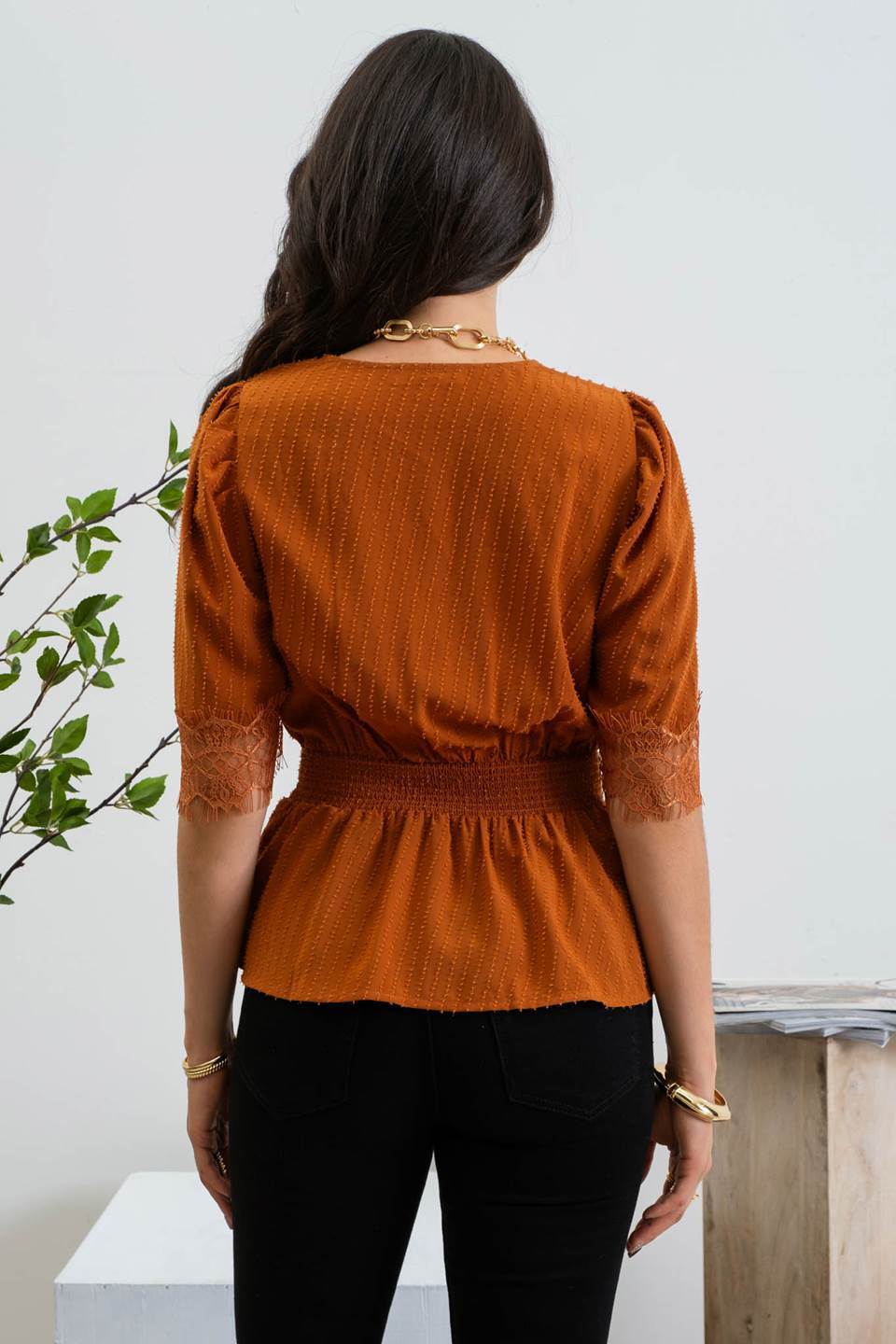 Copper Lace Sleeve Woven Top