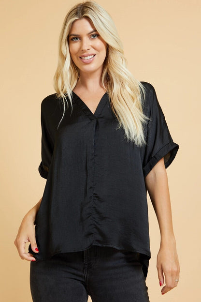 Split Neck Dolma Sleeve Top - black - large