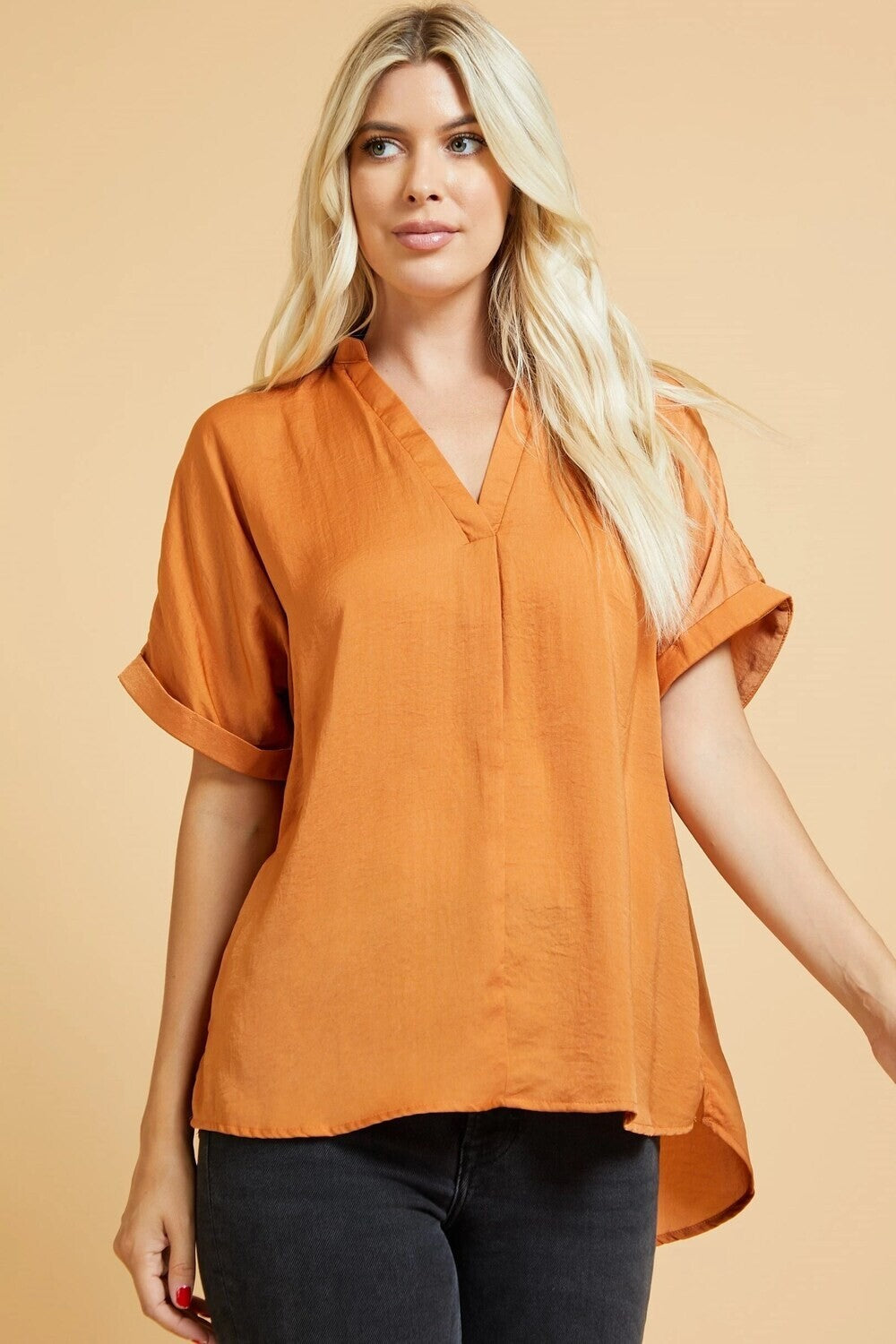 Split Neck Dolma Sleeve Top - camel - large