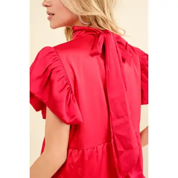 Red Tiered Tie Neck Midi Dress
