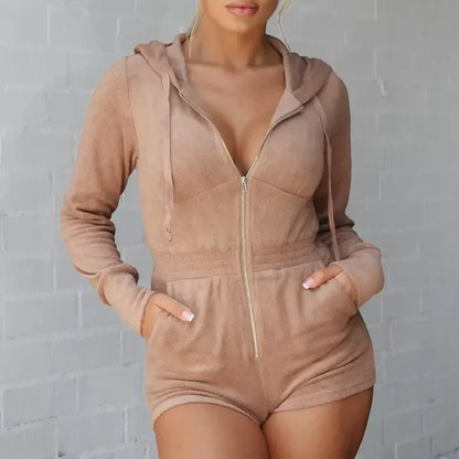 Taupe Terry Cloth Hooded Romper