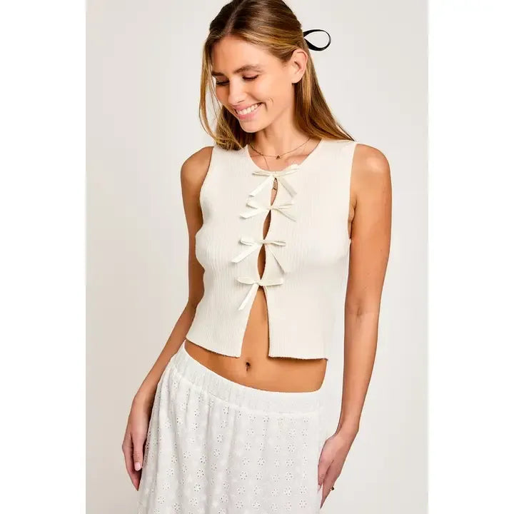 Cream Sleeveless Sweater Top W Bows
