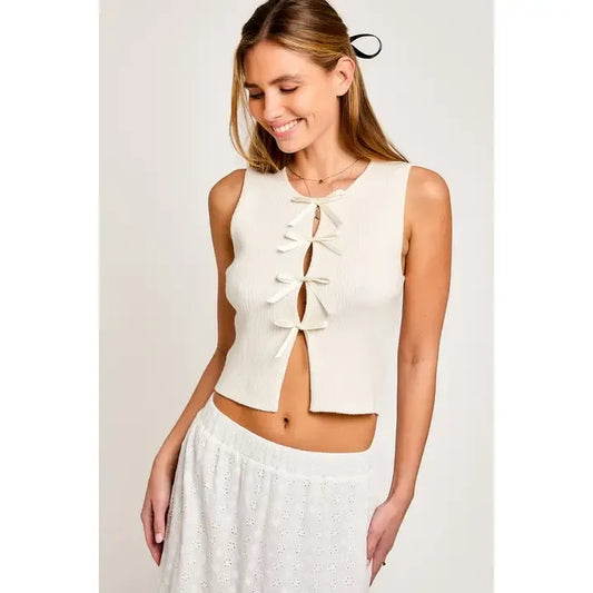 Cream Sleeveless Sweater Top W Bows