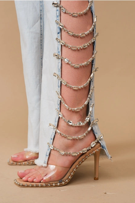 Light Wash Denim Jeans W Side Cut Out Jewels