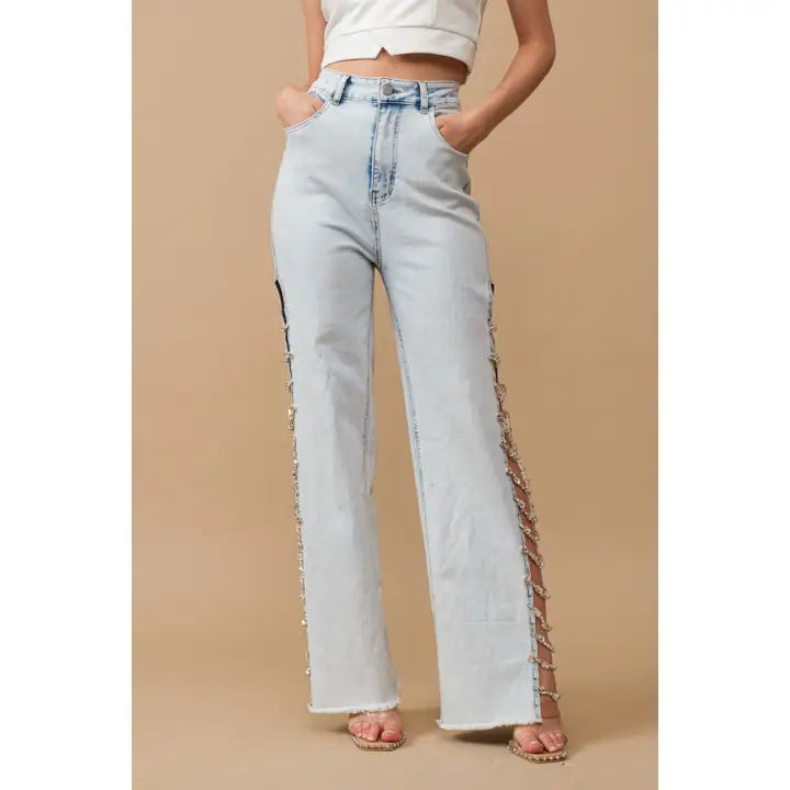 Light Wash Denim Jeans W Side Cut Out Jewels