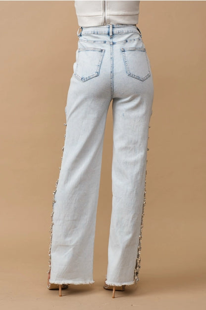 Light Wash Denim Jeans W Side Cut Out Jewels