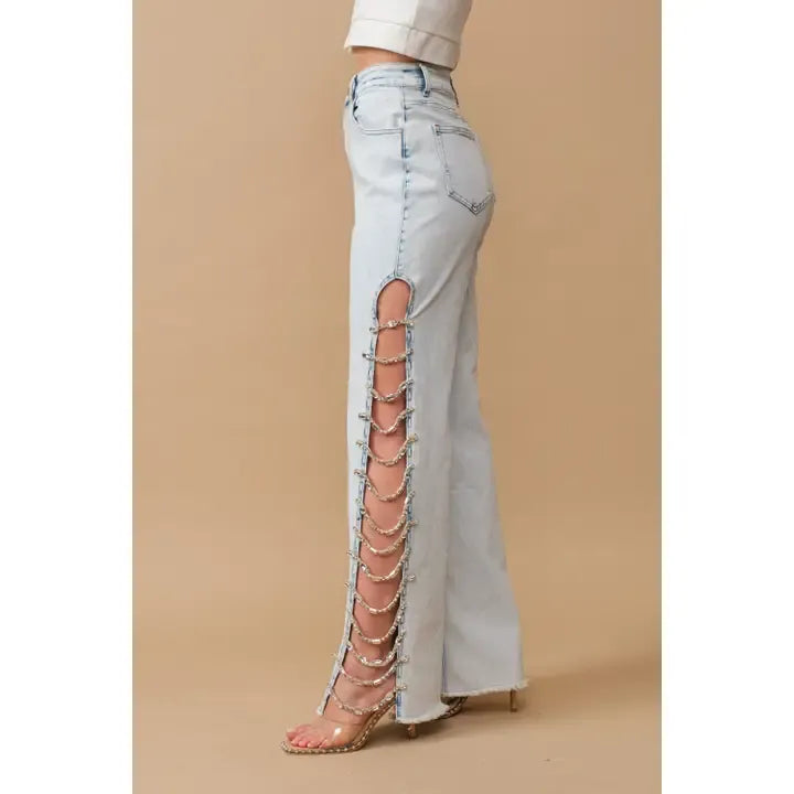 Light Wash Denim Jeans W Side Cut Out Jewels