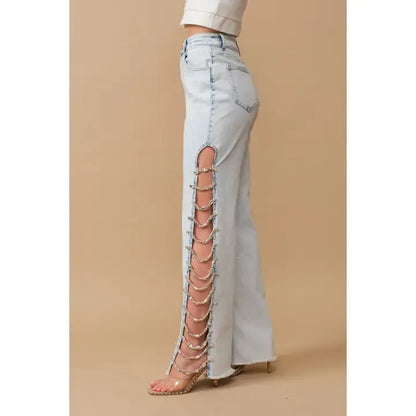 Light Wash Denim Jeans W Side Cut Out Jewels