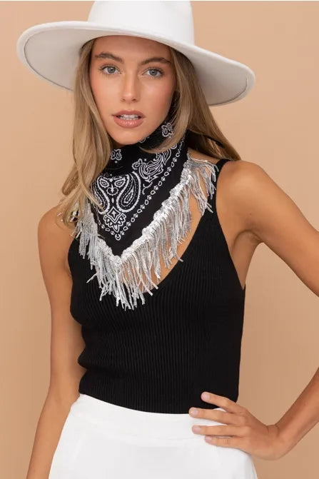Bandanna Scarf W Sequin Fringe - black