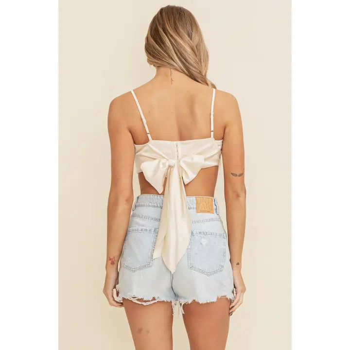Beige Satin Rhinetsone Tie Crop Top