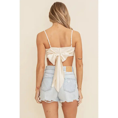 Beige Satin Rhinetsone Tie Crop Top