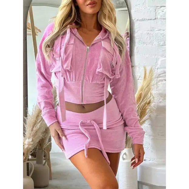 Pink Velvet Cargo Skirt Set