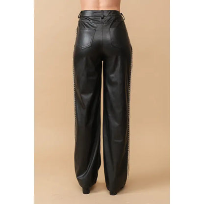 Black Faux Leather W Rhinestone Detail