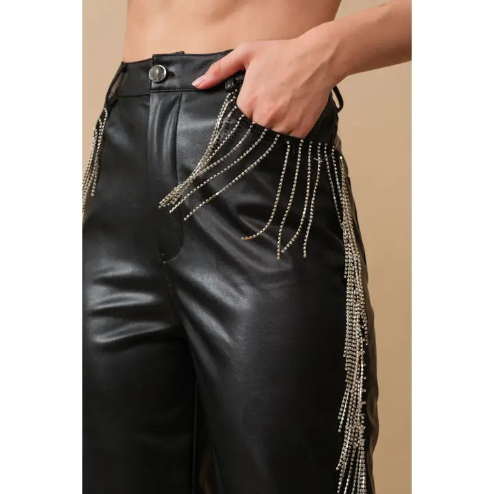Black Faux Leather W Rhinestone Detail