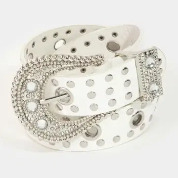 White Rhinetsone Buckle Studded Belt