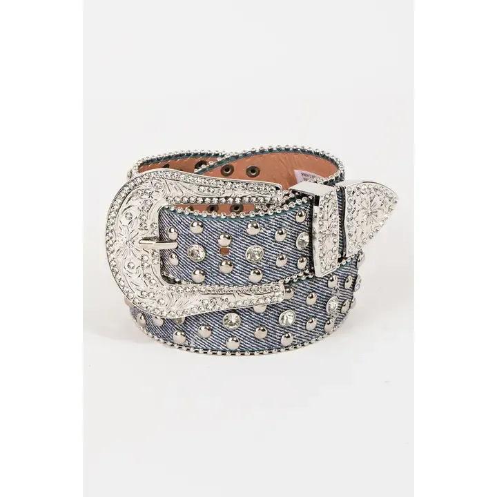 Denim Rhinestone Studded Buckle Belt