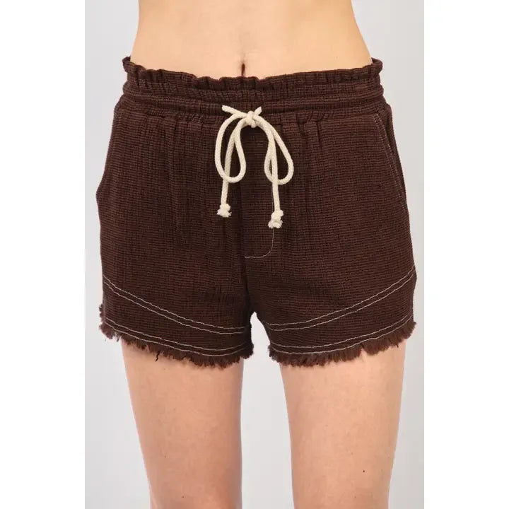 Chocolate Frayed Hem Tie Shorts