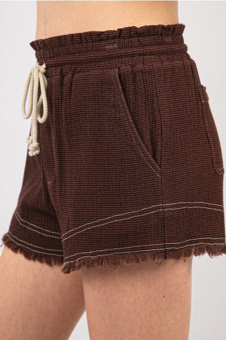 Chocolate Frayed Hem Tie Shorts